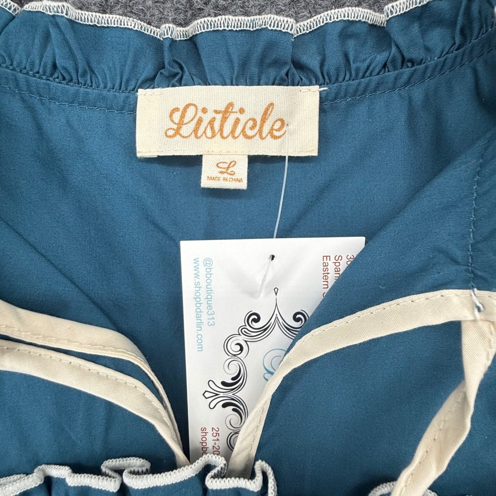 Listicle Puff Sleeve Blouse Womens Large Teal New Ruffle Bib Tie Neck Top - Picture 4 of 6